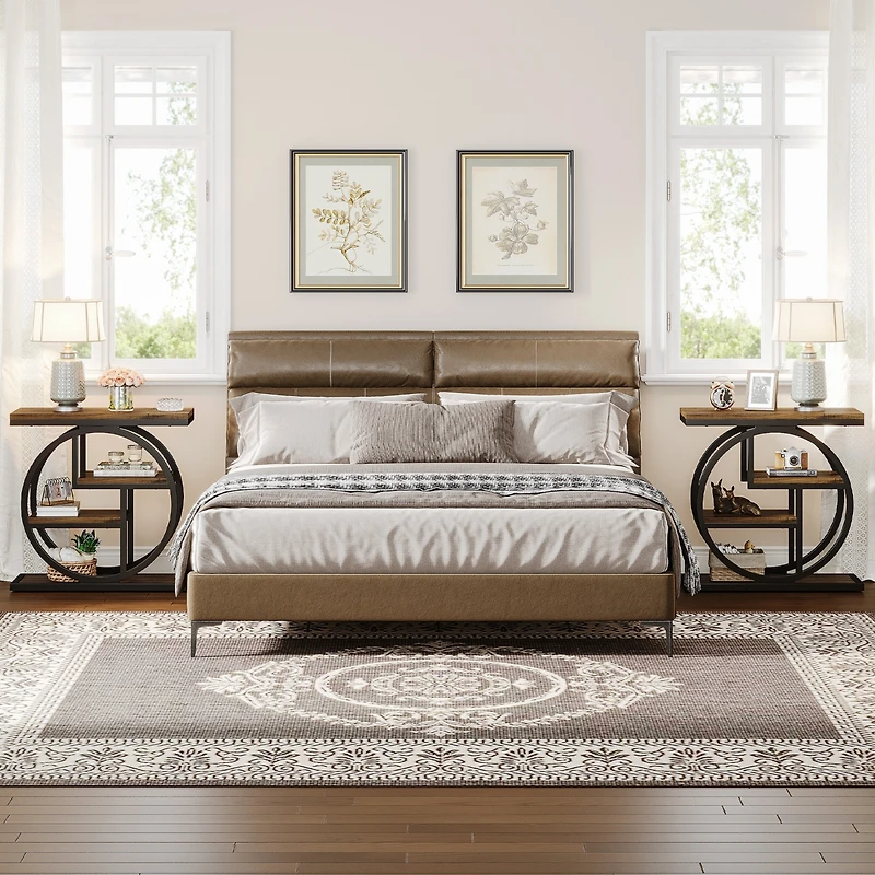 Tribesigns End Table Set of 2, 4-Tier Narrow Side Table with Storage Shelves, Wood Small Sofa Side Table with Geometric Metal Frame, Industrial Bedsid