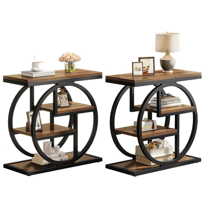 Tribesigns End Table Set of 2, 4-Tier Narrow Side Table with Storage Shelves, Wood Small Sofa Side Table with Geometric Metal Frame, Industrial Bedsid
