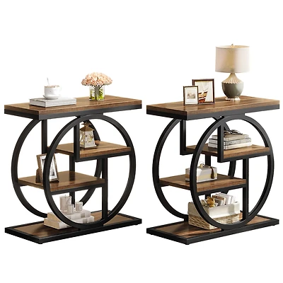 Tribesigns End Table Set of 2, 4-Tier Narrow Side Table with Storage Shelves, Wood Small Sofa Side Table with Geometric Metal Frame, Industrial Bedsid