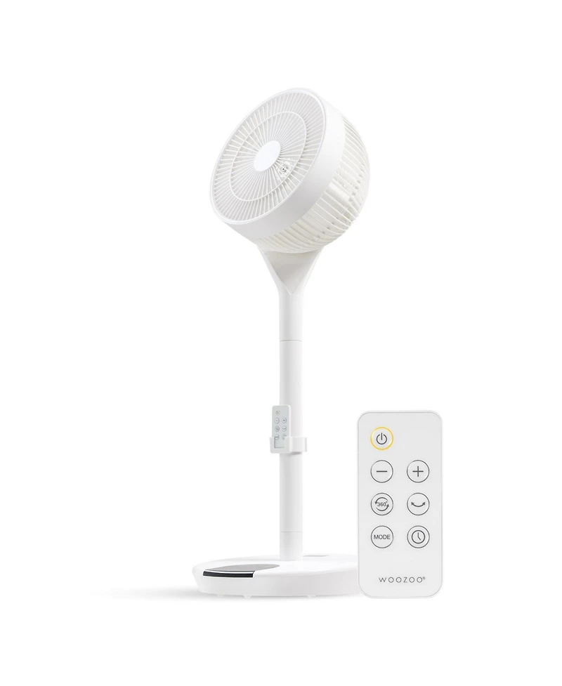 Iris Usa Woozoo Fan, Pedestal Standing Fan with Remote, 360 Oscillating Fan, 12 Speeds, Low Noise, 8h Timer, Height Adjustable, White/Gray