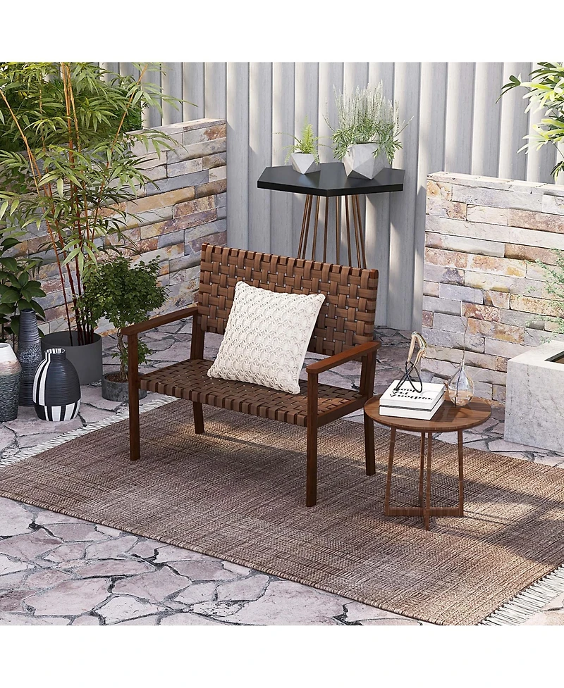 Patio Loveseat All Weather Bench with Solid Rubber Wood Frame&Hand Woven Pu Leather