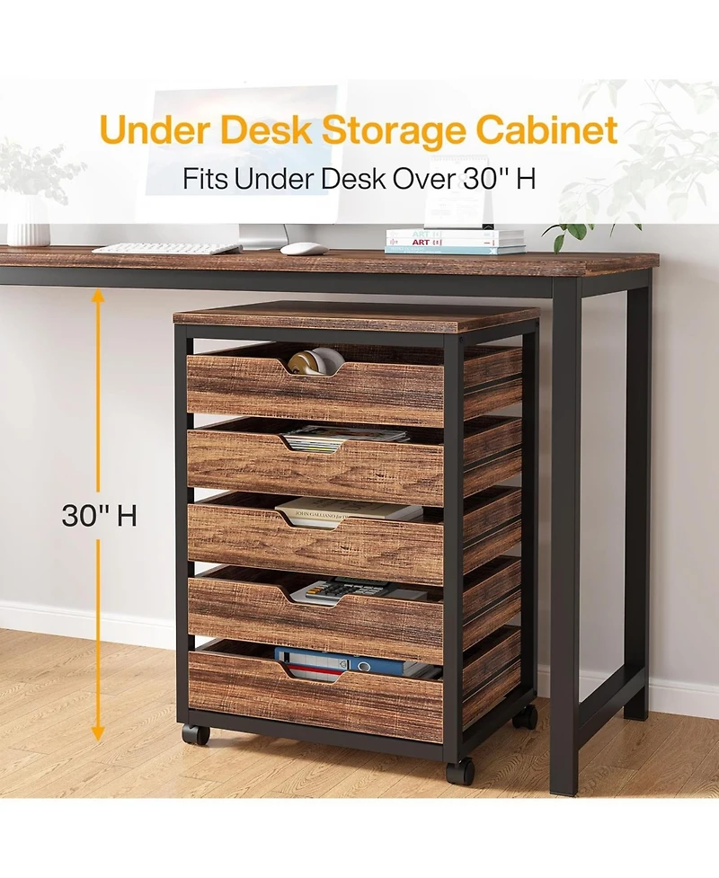 Tribesigns 5 Drawer Chest, Wood Storage Dresser Cabinet with Wheels, Industrial Storage Drawer Organizer Cart for Office Bedroom Entryway