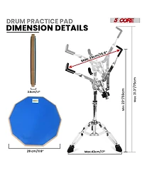 5 Core Drum Practice Pad Set 12" Adjustable Snare Drumming Stand Double Sided Silent Drummer Kit