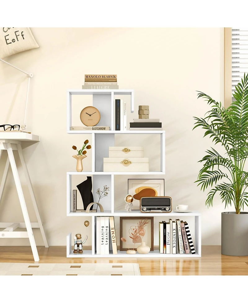 2 Pcs S-shaped Bookshelf Freestanding Stepped Etagere Bookcase with Anti-tipping Kits