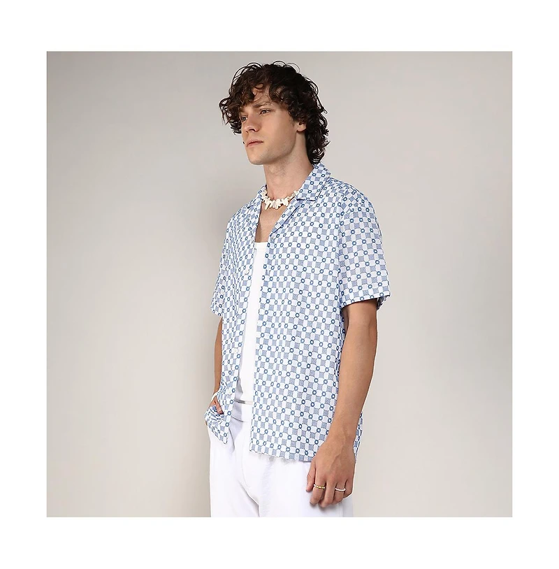 Men's Chalk White & Prussian Blue Embroidered Checkered Shirt