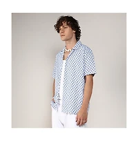 Men's Chalk White & Prussian Blue Embroidered Checkered Shirt