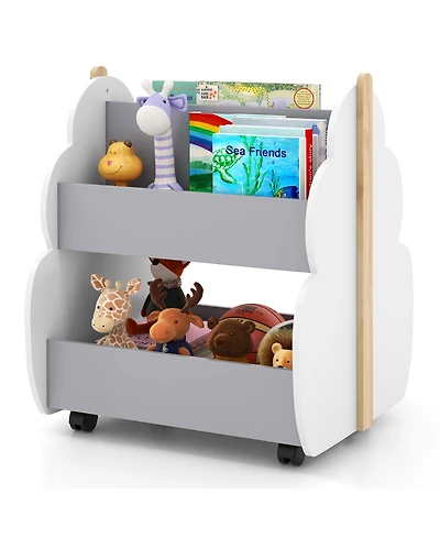 Kids Wooden Bookshelf with Wheels 2-Tier Toy Storage Shelf Double-sided Bookcase
