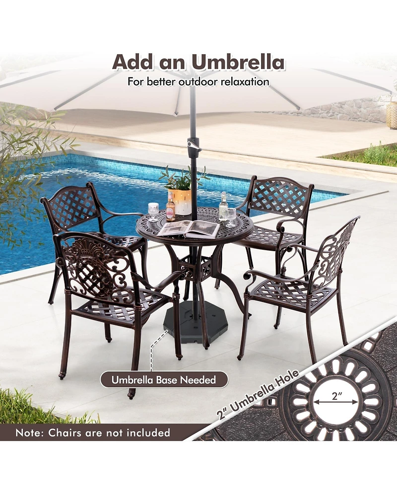 Sugift 31.5 Inch Cast Aluminum Table Patio Round Dining Table with Umbrella Hole