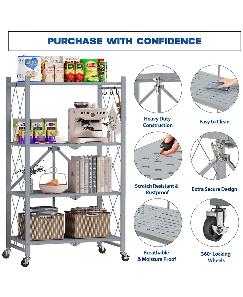 Sugift 4-Tier Folding Storage Shelves Metal Folding Shelves with Wheels, 600Lbs Capacity, Grey