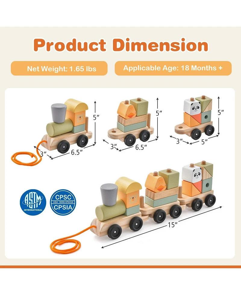 Kids Wooden Train Set Toddler 3-Section Toy Train with Stackable Building Blocks