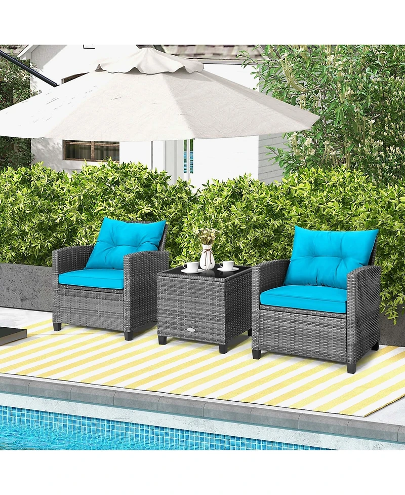 3PCS Patio Rattan Furniture Bistro Set Cushioned Sofas Side Table Armrest