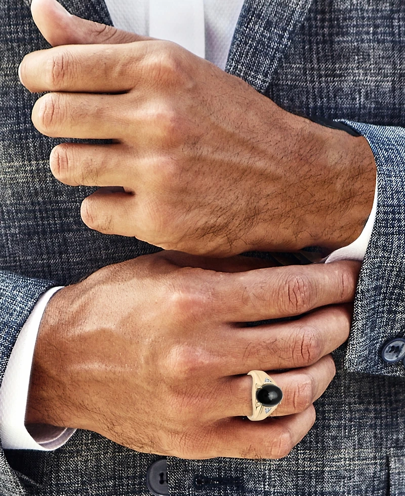 Men's Onyx & Diamond Accent Cabochon Classic Style Ring in 10k Gold