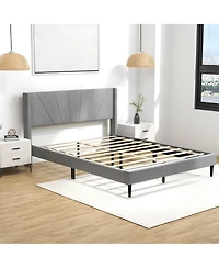 Costway Queen Bed Frame Modern Platform Bed with Linen Upholstered Wingback Headboard