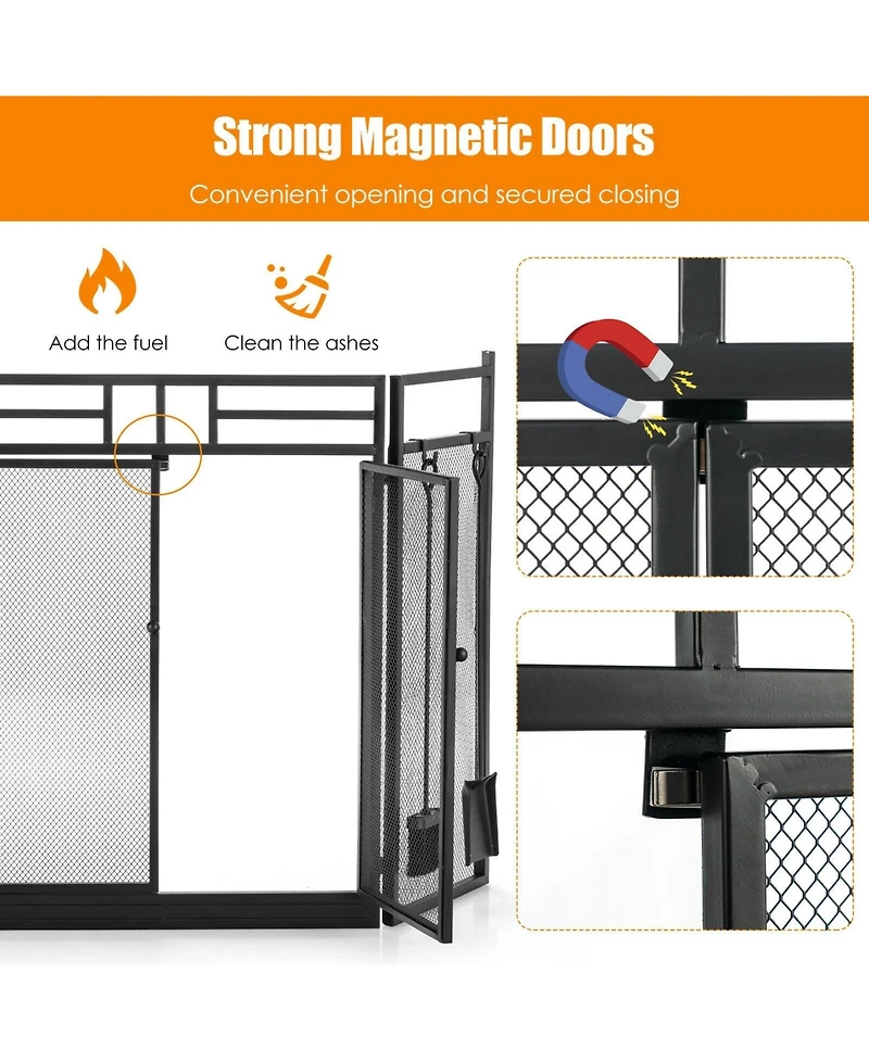 Sugift 3-Panel Folding Wrought Iron Fireplace Screen with Doors and 4 Pieces Tools Set