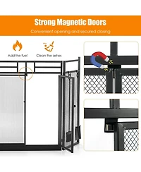 Sugift 3-Panel Folding Wrought Iron Fireplace Screen with Doors and 4 Pieces Tools Set