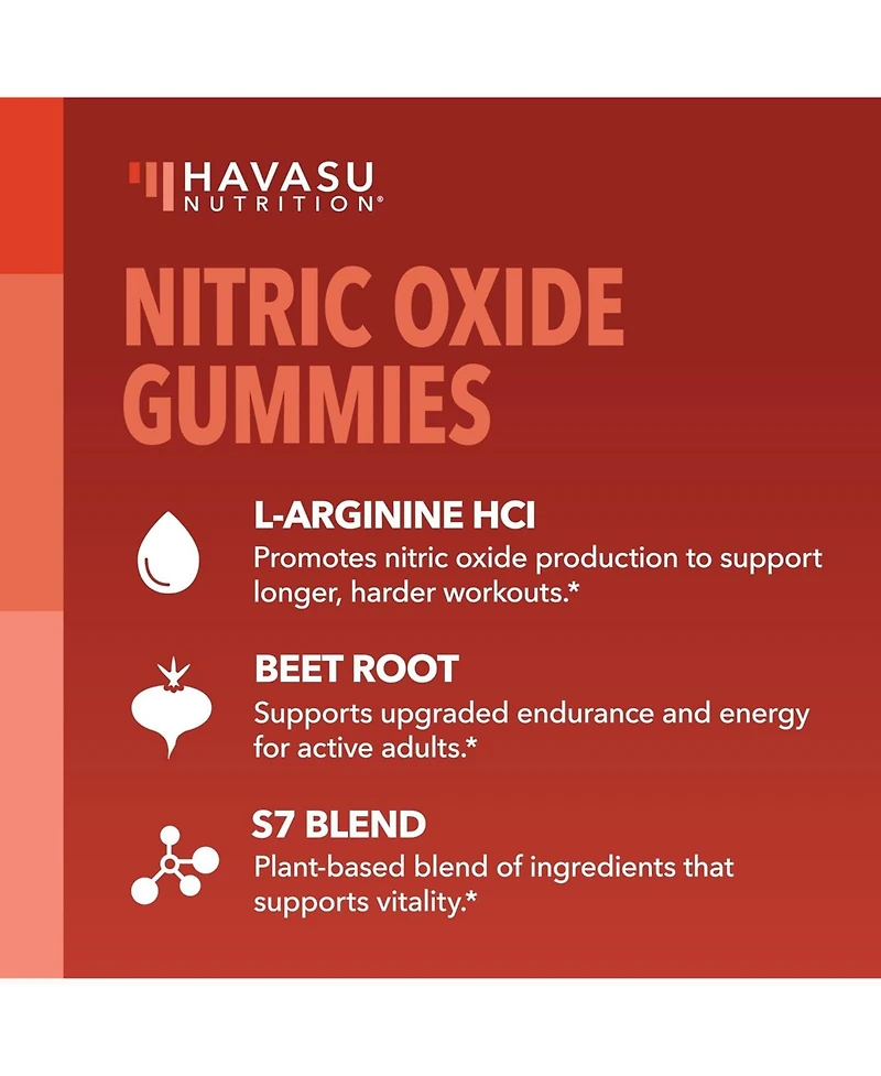 Nitric Oxide Gummies for Men & Women, Nitric Oxide Supplements with L-Arginine and Beet Root, Green Apple & Cinnamon Flavor, Havasu Nutrition, 90ct