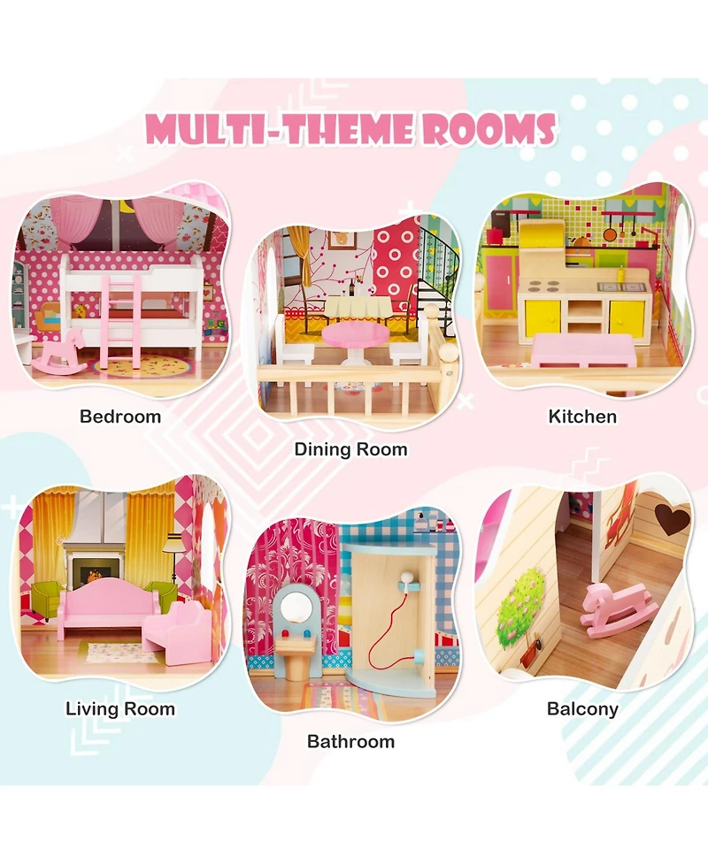Inolait Doll House Playset with 3 Stories and 6 Simulated Rooms and 15 Pieces of Furniture