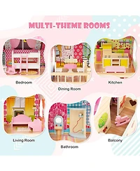 Inolait Doll House Playset with 3 Stories and 6 Simulated Rooms and 15 Pieces of Furniture