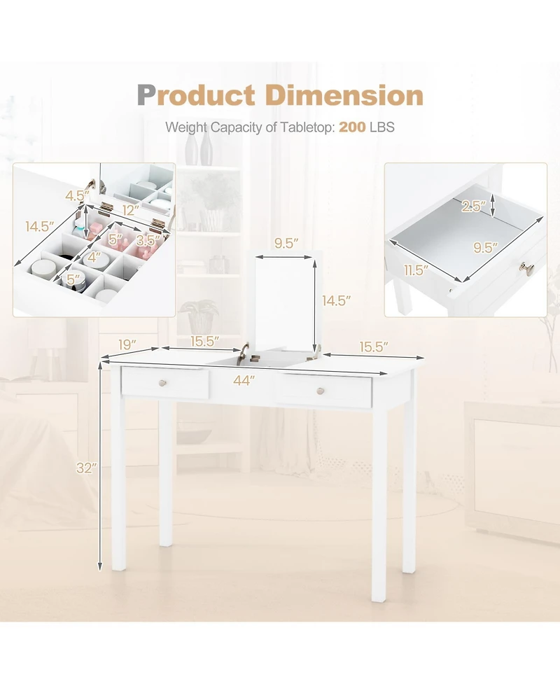 Sugift Vanity Desk Makeup Dressing Table with Flip Top Mirror and Drawers