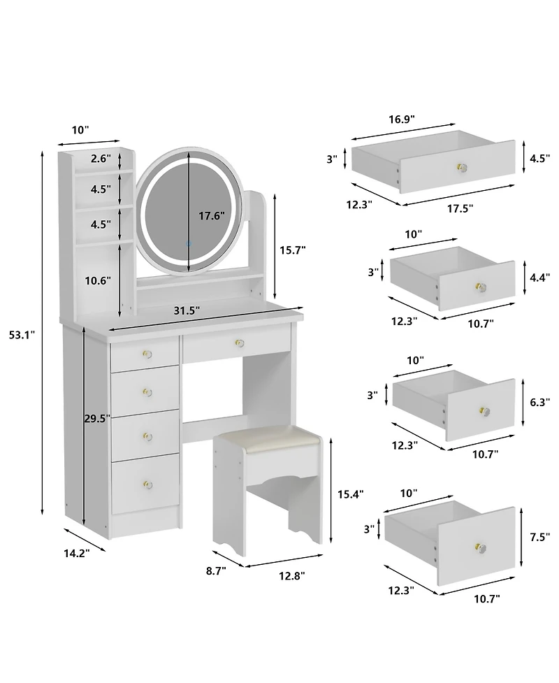 Famapy Light Mirror 5-Drawers White Makeup Vanity Set Dressing Desk