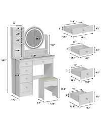 Famapy Light Mirror 5-Drawers White Makeup Vanity Set Dressing Desk
