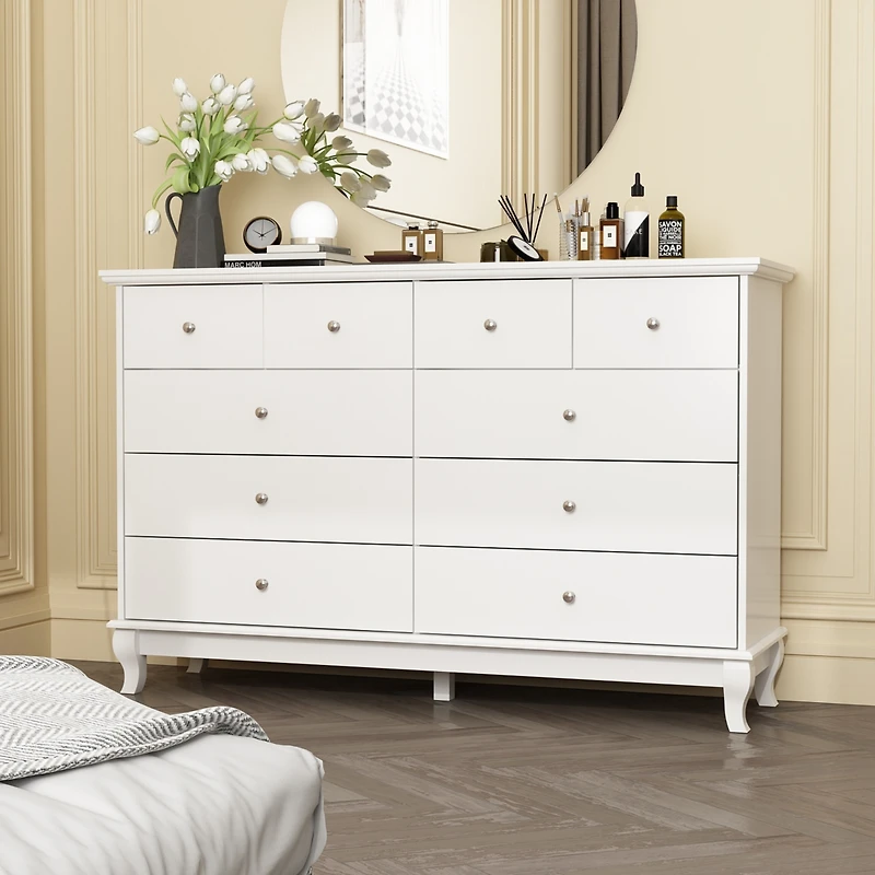 Famapy White 10-Drawer 55.1 in. W Wood Paint Finish Dresser Chest of Drawers Cabinet