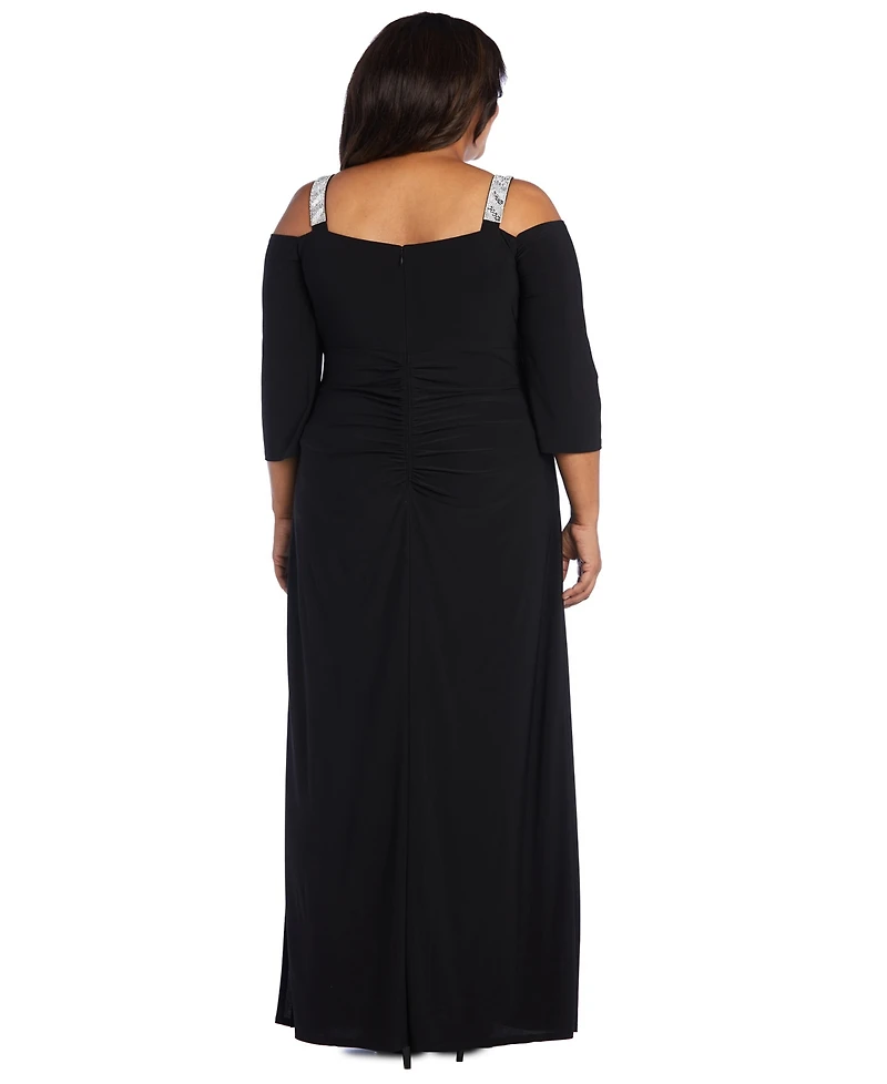 R & M Richards Plus Embellished Cold-Shoulder Gown