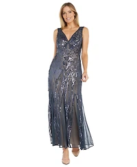 R & M Richards Women's Sequined V-Neck Godet Gown