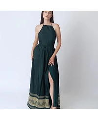 Raas Women's Green Silk Maxi Dress with Golden Weaving Border