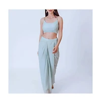 Raas Women's Sky Blue Shimmery Pleated Dhoti Skirt and Embellished Blouse Set