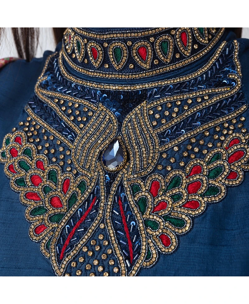 Raas Women's Blue Anarkali Suit with Hand Embroidery on the Torso and Patola Print Hem