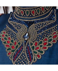 Raas Women's Blue Anarkali Suit with Hand Embroidery on the Torso and Patola Print Hem