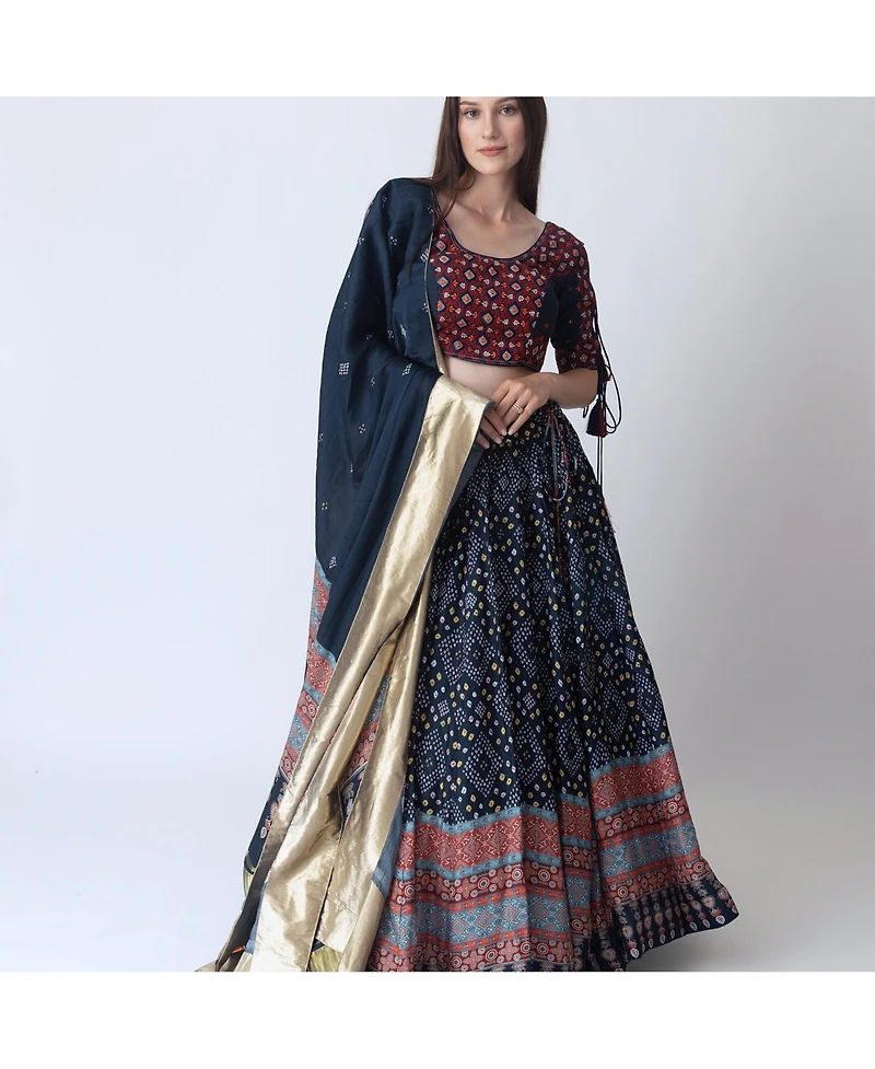 Raas Women's Bandhani Print Lace Up Detail Chaniya Choli with Embroidered Blouse and Dupatta