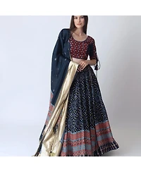 Raas Women's Bandhani Print Lace Up Detail Chaniya Choli with Embroidered Blouse and Dupatta