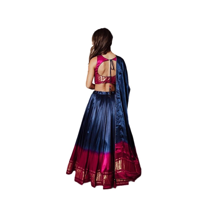 Raas Women's Blue and Pink Gaji Silk Lehenga Skirt with Sequins and Cutdana Embroidery Crop Blouse
