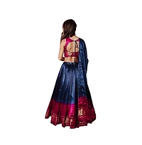 Raas Women's Blue and Pink Gaji Silk Lehenga Skirt with Sequins and Cutdana Embroidery Crop Blouse