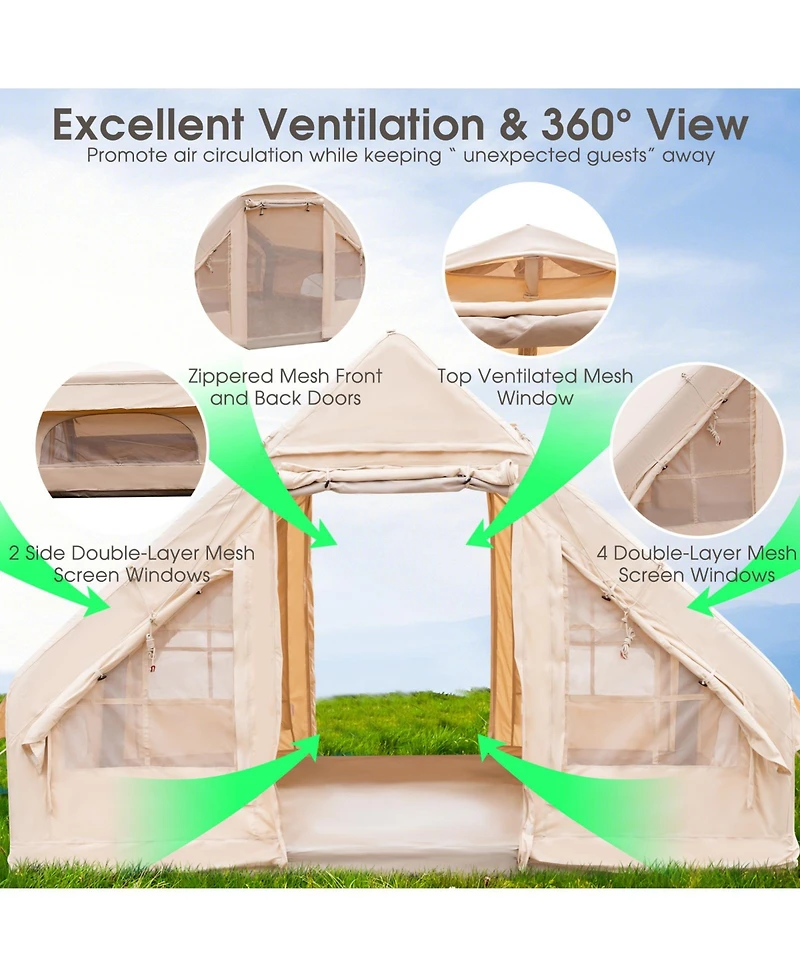 Inflatable Camping Tent 2/4/6 People Glamping Tent for Family Camping with Pump-Beige