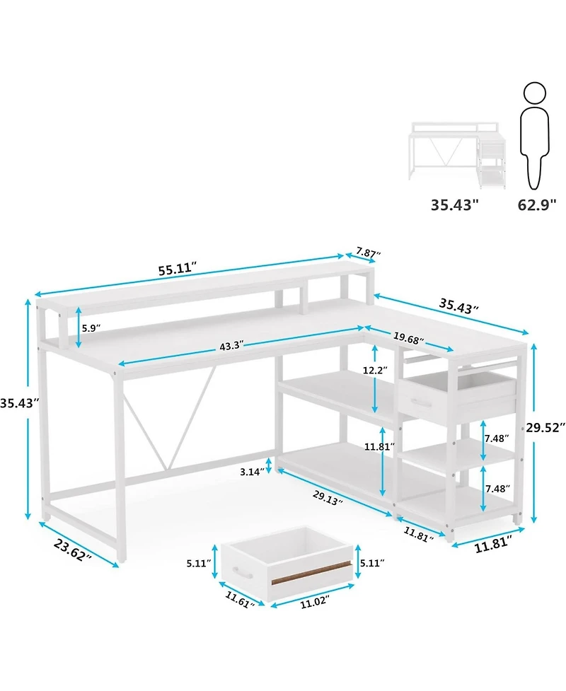 Tribesigns 55-inches Reversible L Shaped Desk with Drawer, Modern White Corner Home Office Table, Wooden and Metal Pc