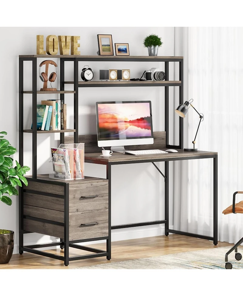 Tribesigns 55 Inch Computer Desk with 2 Drawers and Storage Shelves, Rustic Office Hutch, Study Writing Gaming Table Laptop Workstation
