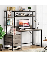 Tribesigns 55 Inch Computer Desk with 2 Drawers and Storage Shelves, Rustic Office Hutch, Study Writing Gaming Table Laptop Workstation