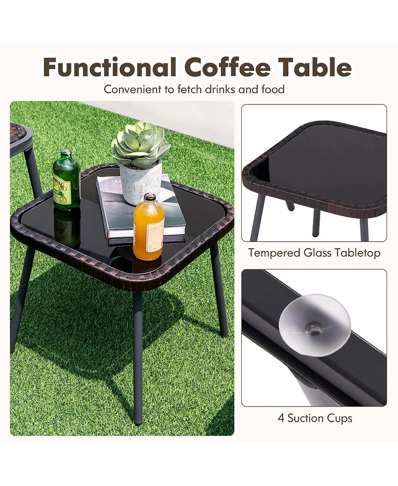 3 Pcs Patio Rattan Furniture Set with Tempered Glass Tabletop Wicker Seat