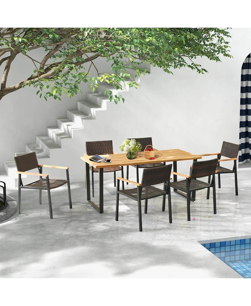 Sugift 6-Person Acacia Wood Outdoor Dining Table with 2 Inch Umbrella Hole