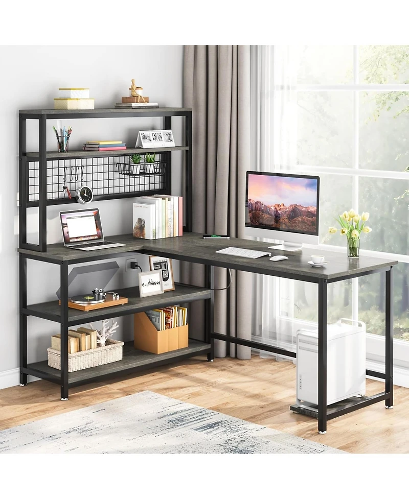 Tribesigns 55" Large Computer Desk with Wireless Charging 5 Storage Shelves, Office Desk Study Table Writing Desk Workstation with Hutch Bookshelf for