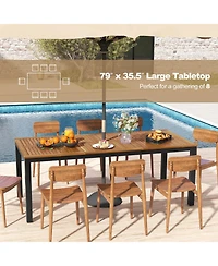 79" Acacia Wood Patio Table 8-Person Outdoor Dining Table with Umbrella Hole