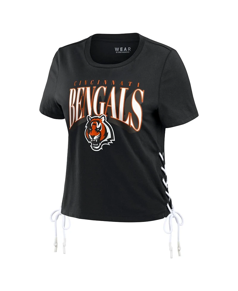 Wear by Erin Andrews Women's Black Cincinnati Bengals Lace Up Side Modest Cropped T-Shirt