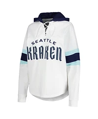 G-iii 4Her by Carl Banks Women's White/Deep Sea Blue Seattle Kraken Goal Zone Long Sleeve Lace-Up Hoodie T-Shirt