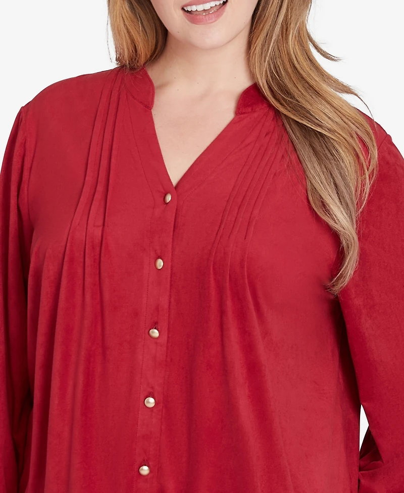 Ruby Rd. Plus Size Button Front Stretch Faux Suede Top with Cut Out Hem Detail