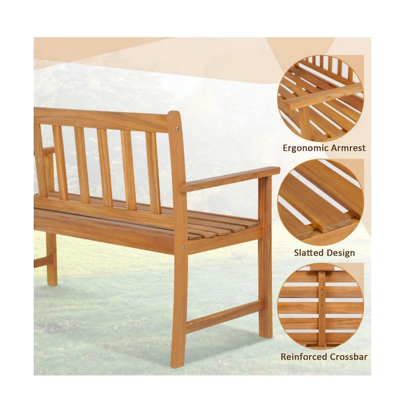 Sugift 2-Person Patio Acacia Wood Bench with Backrest and Armrests