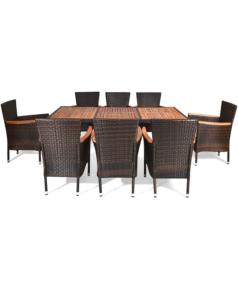 Sugift 9 Pieces Rattan Dining Set with Acacia Wood Table and Stackable Cushioned Chairs