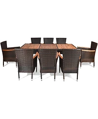 Sugift 9 Pieces Rattan Dining Set with Acacia Wood Table and Stackable Cushioned Chairs